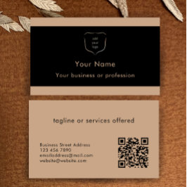 Cartão De Visita Elegante Logotipo Preto e Bege Código QR Profissio