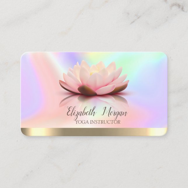 Cartão De Visita Elegante Lotus Dourado Stripe Yoga Holographic (Frente)
