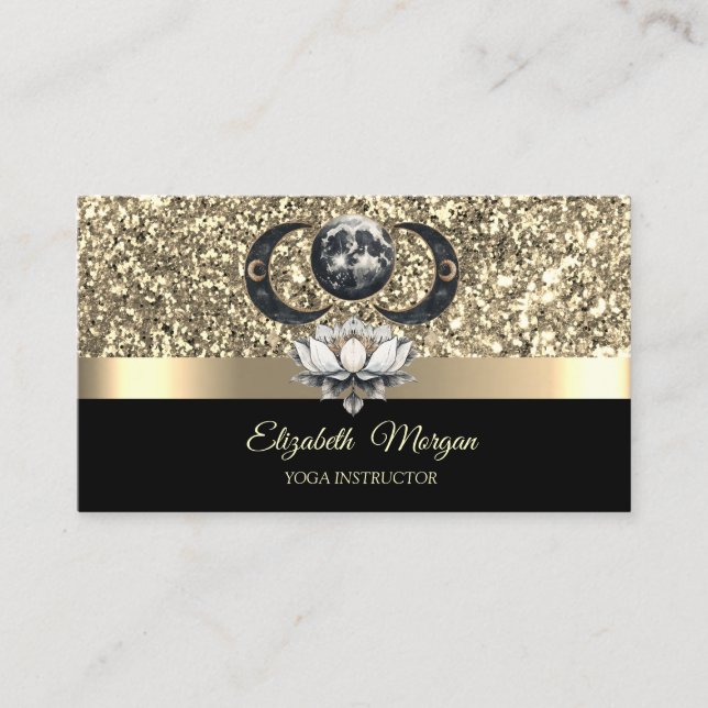 Cartão De Visita Elegante Lotus Moon Celestial Glitter Dourado Yoga (Frente)