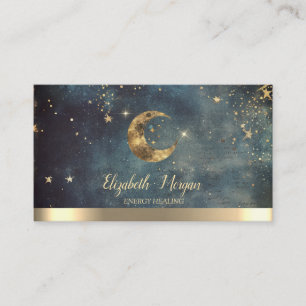 Cartão De Visita Elegante Lua Dourada Estrelas Aquarela