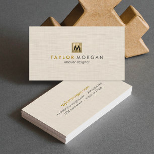 Cartão De Visita Elegante Luxo Bege Linho Logotipo Dourado Monogram