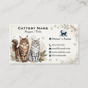 Cartão De Visita Elegante Maine Coon Cattery em Aquarela Personaliz