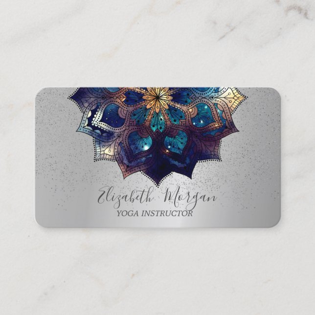 Cartão De Visita Elegante Mandala Silver Confetti Yoga (Frente)