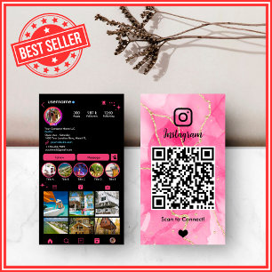 Cartão De Visita Elegante Mármore Ágata Rosa e Preto QR do Instagra