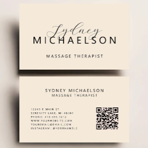 Cartão De Visita Elegante Massage Therapist QR Code Neutral Beige