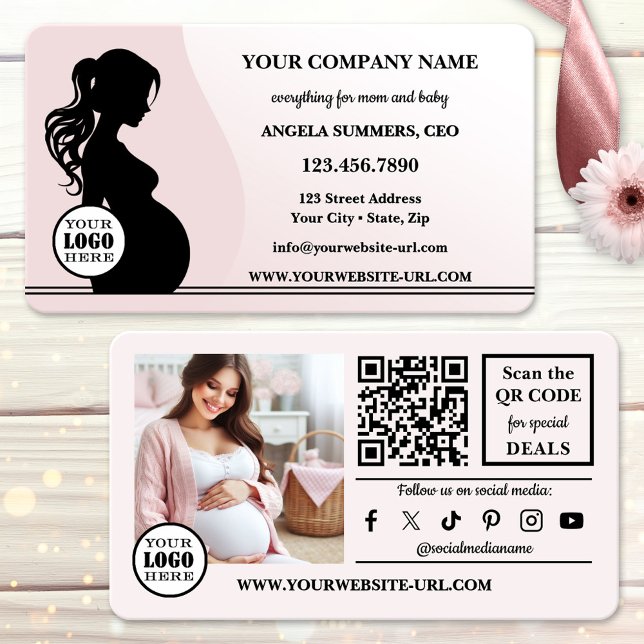 Cartão De Visita Elegante maternidade mãe e bebê Varejo (Elegant pink business card showing a silhouette of a pregnant woman - maternity or baby care retail)