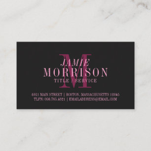 Cartão De Visita Elegante Matte Black Pink Monograma Profissional