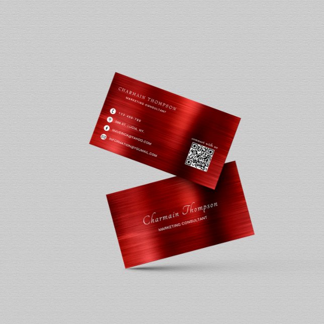 Cartão De Visita Elegante metal Rubi vermelho Código QR conectado c (Criador carregado)