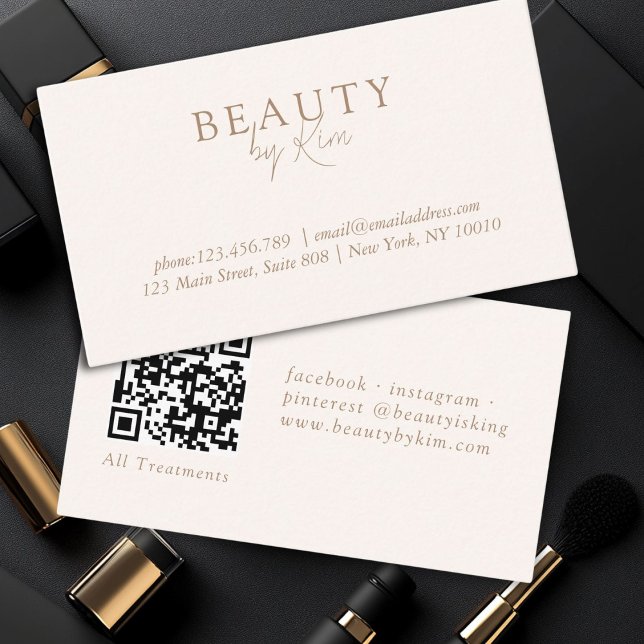 Cartão De Visita Elegante Mínimo Beige & Brown, Código QR de Salão (Beige & Brown Minimal Elegant, Salon QR Code Business Card)