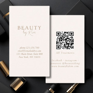 Cartão De Visita Elegante Mínimo Beige & Brown, Código QR de Salão