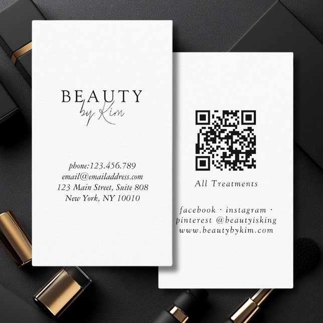 Cartão De Visita Elegante Mínimo Branco e Preto, Código QR de Salão (White & Black Minimal Elegant, Salon QR Code Business Card)