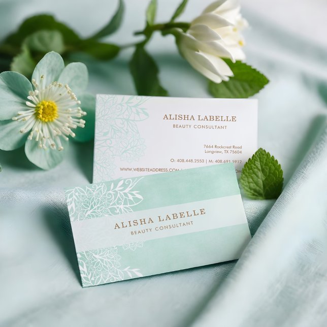 Cartão De Visita Elegante Mint Green & White Floral Lace (Elegant Mint Green & White Floral Foliage Lace Business Card)
