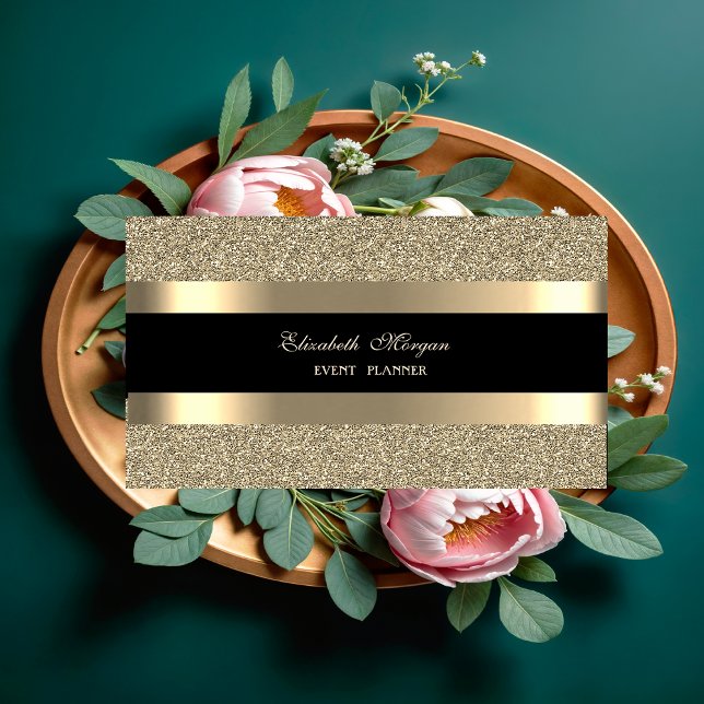 Cartão De Visita Elegante Moderno, Brilho Listrado em Dourado Preto (Criador carregado)