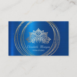 Cartão De Visita Elegante Moderno Círculos de Ouro Lótus Azul Metál