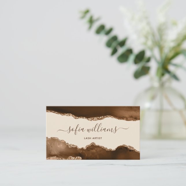 Cartão De Visita Elegante Moderno Dourado Glitter Brown Agate Busin (Em pé/Frente)