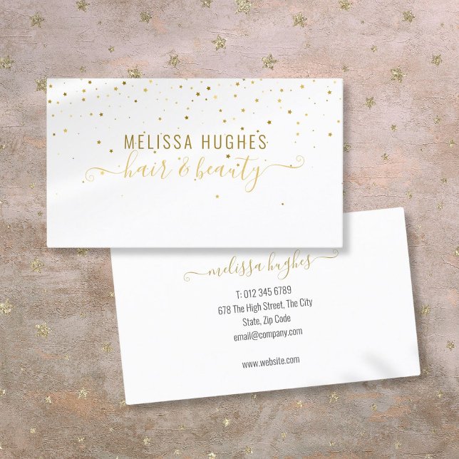 Cartão De Visita Elegante, moderno, Dourado Stars, Na moda Script (Elegant Modern Gold Stars Stylish Script Business Card)