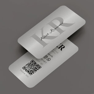 Cartão De Visita Elegante Moderno Monograma de Prata Profissional