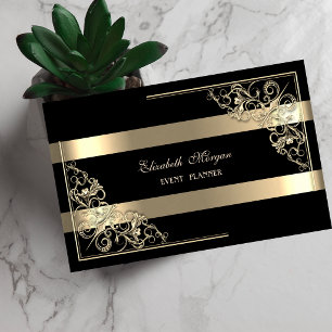Cartão De Visita Elegante Moderno, Preto, Listrado Dourado, Moldura