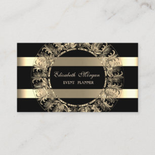 Cartão De Visita Elegante Moderno, Preto, Listrado Dourado, Moldura