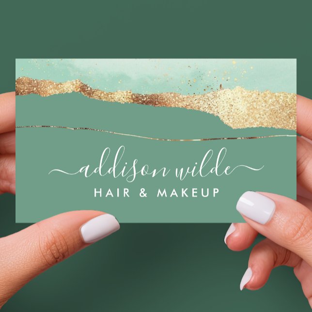 Cartão De Visita Elegante Moderno Script em Verde Menta e Dourado (Criador carregado)