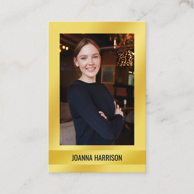 Cartão De Visita Elegante Moderno Shimmery Shiny Foto Dourada Europ (Frente)