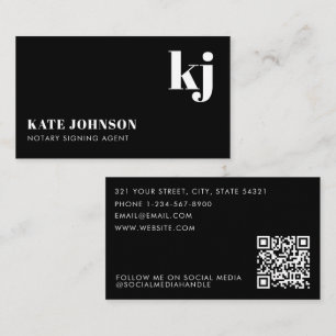 Cartão De Visita Elegante Monograma de QR Code Minimalista Preto e