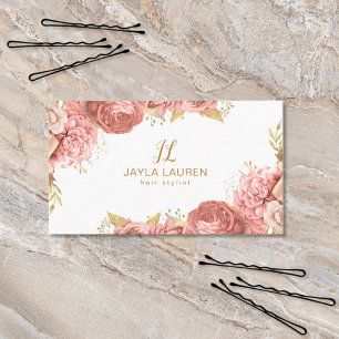 Cartão De Visita Elegante Monograma Floral Rosa Dourado