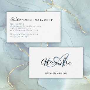 Cartão De Visita Elegante Monograma Nome em Script Azul Poeirento P