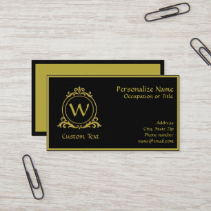 Cartão De Visita Elegante Monograma Personalizado Preto e Dourado c