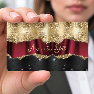 Cartão De Visita Elegante monograma preto dourado vermelho falso br