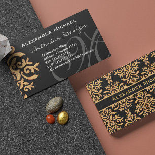 Cartão De Visita Elegante Monograma preto e Dourado Damask Business
