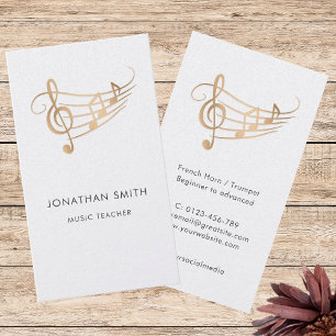 Cartão De Visita Elegante Músico Dourado Notas Musicais