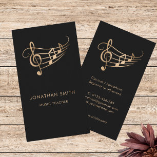 Cartão De Visita Elegante Músico Notas de Música Douradas
