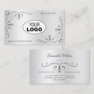 Cartão De Visita Elegante Ornamentado Silver Corner Borders Logotip