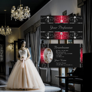 Cartão De Visita Elegante Ornamentado Vermelho Negro borda com foto
