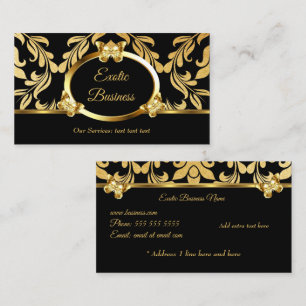 Cartão De Visita Elegante Ouro Folha Damask Floral Borboletas Preto