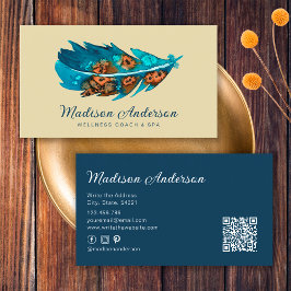 Cartão De Visita Elegante Pena Azul Terracota Boho Aquarela