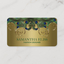 Cartão De Visita Elegante Penas de Peacock Monograma Ouro