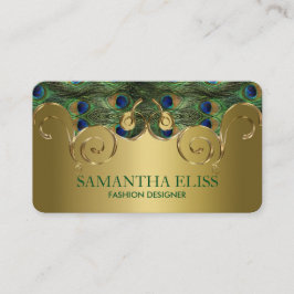 Cartão De Visita Elegante Penas de Peacock Monograma Ouro