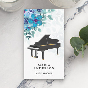 Cartão De Visita Elegante Pianista de Piano de Música Floral Azul