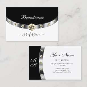 Cartão De Visita Elegante Prata Preto e Branco Monograma e Diamante