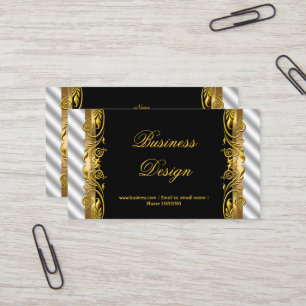 Cartão De Visita Elegante Preto Branco Prata Dourado Floral Ondulaç