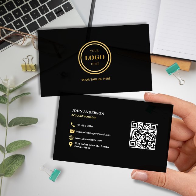 Cartão De Visita Elegante preto e Dourado Código QR Moderno Profiss (Elegant Modern Black and Gold Scannable QR Code Professional Business Card Back-to-back Print & Logo)