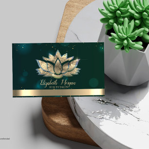 Cartão De Visita Elegante Profissional Dourado Lótus Verde