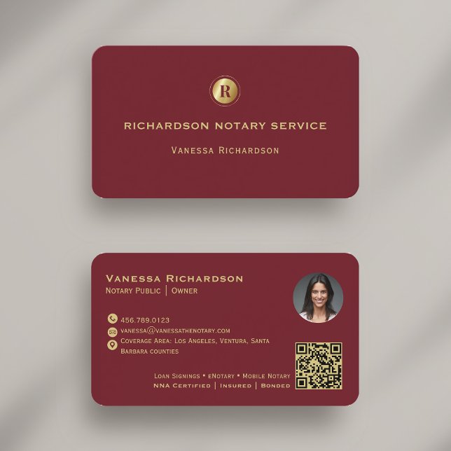 Cartão De Visita Elegante Red Dourado Monograma QR Código Foto Notá (Criador carregado)