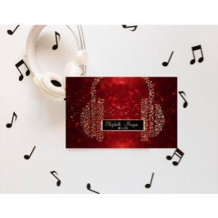 Cartão De Visita Elegante Red Glitter Bokeh,Music Notes Headphone D