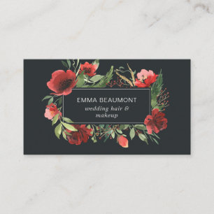 Cartão De Visita Elegante Red Watercolor Floral Bloom Greenery