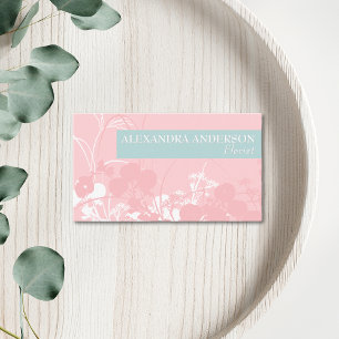 Cartão De Visita Elegante Rosa e Ciano Cinza Claro Floral Minimalis