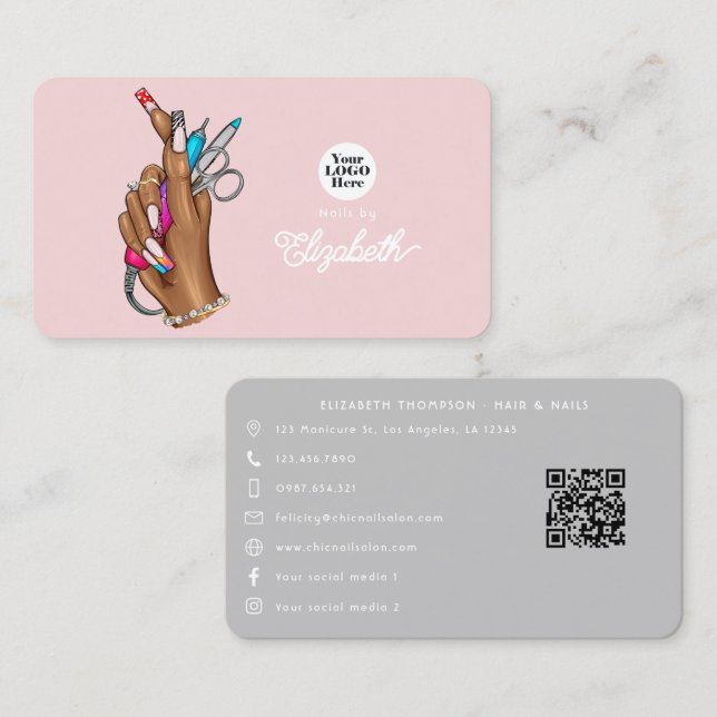 Cartão De Visita Elegante Rosa Espelho e Salão das Nelas Prateadas (Frente/Verso)