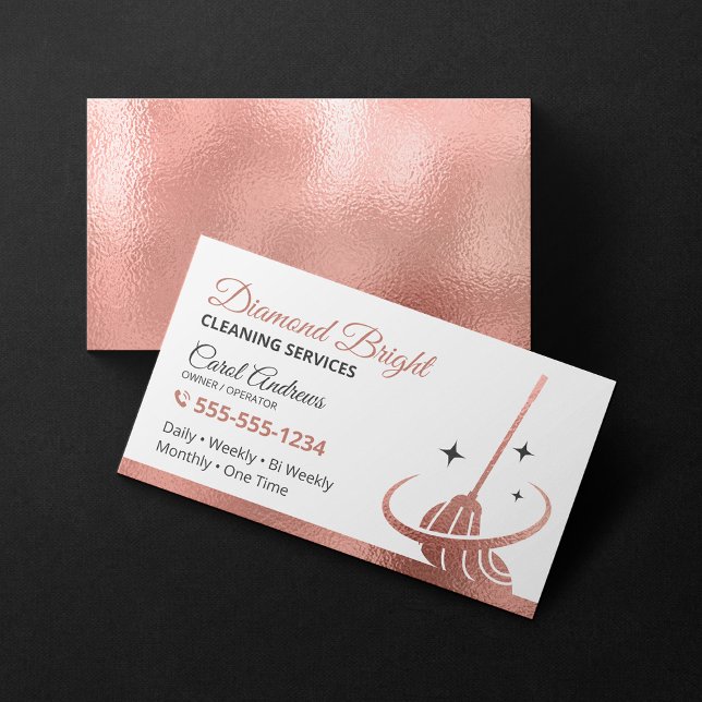 Cartão De Visita Elegante Rosa Gold Foil Limpeza da Casa Janitorial (Criador carregado)